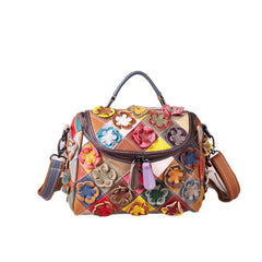 Full-grain Leather Handmade Floral Contrast-color Patchwork Tote Shoulder Bag