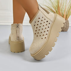 Women's Perforated Platform Ankle Boots, Back Zipper Breathable Wedge Booties, Casual Chunky Sole Cutout Boots