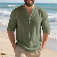 Autumn Linen Men's Long-Sleeve T-Shirt With Stand Collar And Buttons