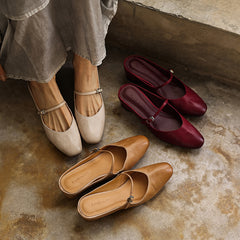 Women's Washed Full Grain Leather Mary Jane Mules, Low Heel Square Toe Slide Sandals
