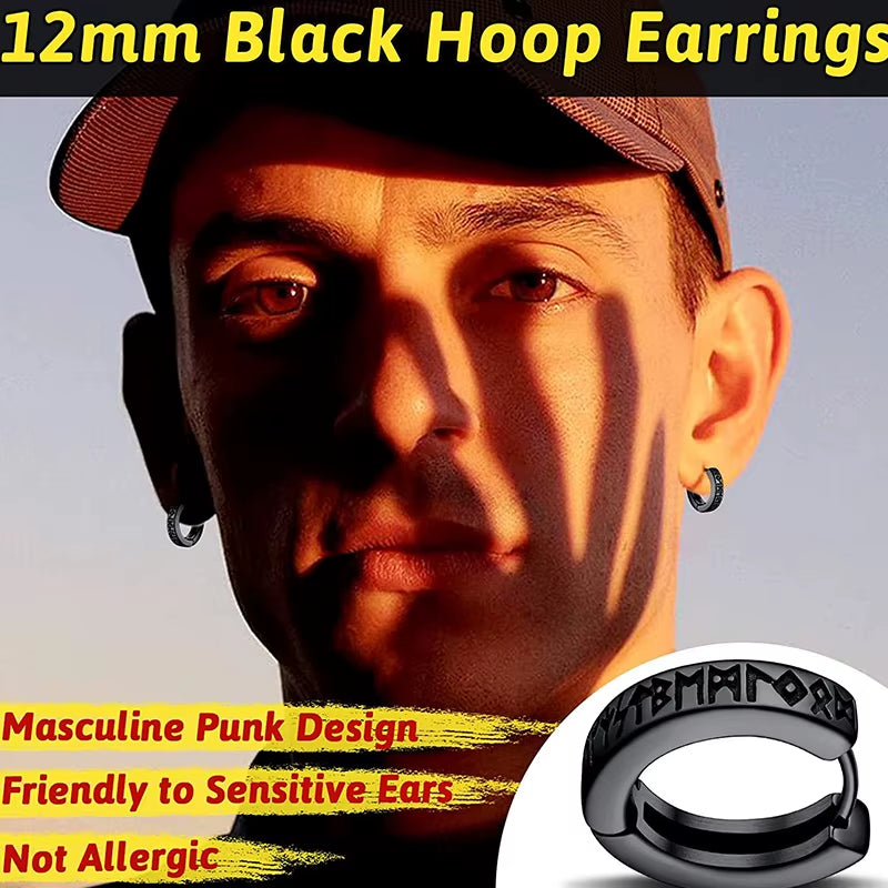 Stainless Steel Norwegian Viking Rune Hoop Earrings for Men Woman Unisex 12 Mm Huggie Hoop Religious Earring Jewelry