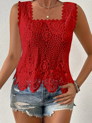 Womens Elegant Square-neck Lace Hollow-out Sleeveless Top