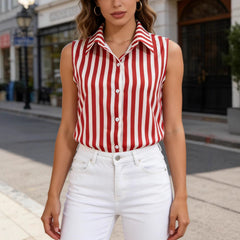 Retro Striped Vest Polo-neck Sleeveless Top