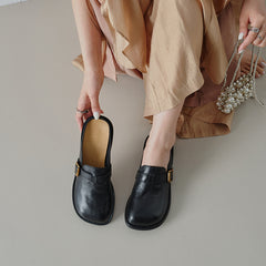 Women's Washed Full Grain Leather Buckle Mules, Retro Low Block Heel Backless Shoes