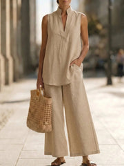 Women's Sleeveless V-Neck Casual Cotton And Linen Set