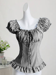 Plaid Cinched-waist Versatile Top For Women