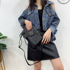 Womens Rivet Embossed Black Skull Shoulder Crossbody Bag