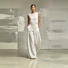 Womens Round-Neck Loose Sleeveless Top And High-Waist Pants Two-Piece Set