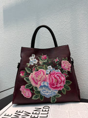Tote Bag With Embroidered Peony Flowers Ethnic-style Textured Design