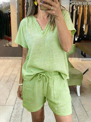 Womens Casual V-Neck Pullover Short-Sleeve Top And Shorts Set