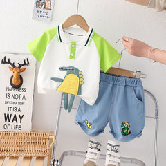 Fashion Denim Children Cartoon Polo Suit