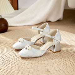 Light Blue Jacquard One-piece Platform High-heeled Women's Shoes. Oriental Beauty Pearl Buttoned Square-toe Hollow High-heeled Shoes. Elegant Versatile Single Shoes. Elegant Formal And Casual Shoes Fo