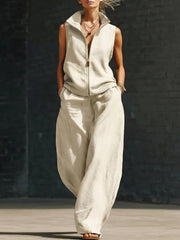 Sleeveless Stand Collar Zippered Linen Cotton Two-Piece Set
