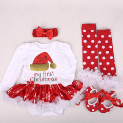 Christmas Newborn Baby Shoes Wearing Long Sleeve Dress