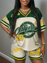 Womens Short-Sleeve V-Neck Jersey Top And Shorts Two-Piece Set