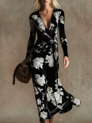 3D Geometric Line Pattern V-Neck Long-Sleeve Womens Dress