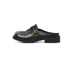 Women's Washed Full Grain Leather Buckle Mules, Retro Low Block Heel Backless Shoes