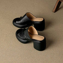 Soft Genuine Lambskin Ruched Block Heel Slides, Ladies Open-Toe Leather Mules