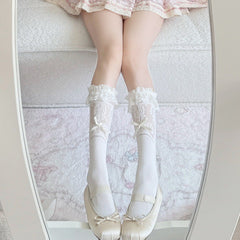 Spring & Summer Lace Trim Solid Color Mid-Calf Socks, Women Thin Bow Slouchy Socks, JK Short Ankle Socks