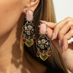 French Retro Hollow Floral Dial Fashionable Geometric Diamond-Encrusted Long Tassel Earrings