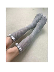 Women's Socks, Spring & Summer Gray Vertical Stripes Slimming Calf Socks, Bow Decor Versatile Runway Style Long Slouch Socks