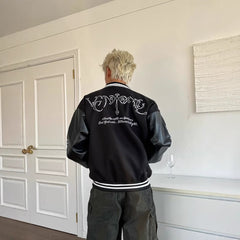 American-style Letter-embroidered Color-block Baseball Jacket For Men