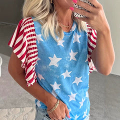 Summer Pullover Top With A Round Neck And Ruffled Sleeves