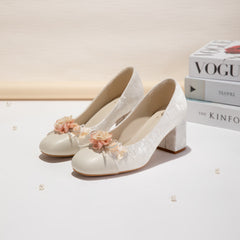 White Floral Block Heel Pumps, Elegant Square Toe Jacquard Women's Dress Shoes