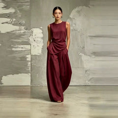 Womens Round-Neck Loose Sleeveless Top And High-Waist Pants Two-Piece Set