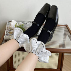 Women's Coquette Black Socks With Oversized White Embroidery Lace Cuff, Frilly Eyelet Trim Ankle Socks For Mary Jane Shoes & Balletcore