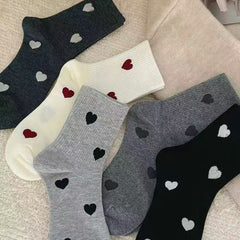 Minimalist Heart Print Ribbed Crew Socks, Neutral Tone Cute Heart Pattern Mid-Calf Socks, Women's Casual Cozy Socks For Daily Wear & Streetwear