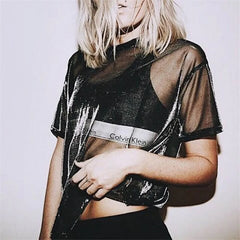 Sexy Mesh Blouse 2025 Summer See-Through Women Shirts Short Sleeve Perspective Shine Casual Women Tops Lady Vintage Blusas