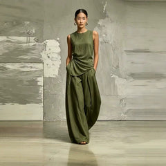 Womens Round-Neck Loose Sleeveless Top And High-Waist Pants Two-Piece Set