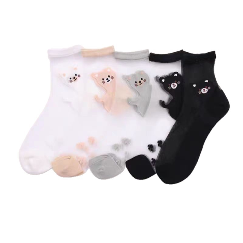 Cute Bear Sheer Mesh Ankle Socks, Transparent Cartoon Bear Print Socks, Thin Breathable Socks For Summer & Daily Wear