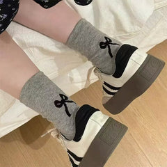 Women's Coquette Bow Embroidered Crew Socks, Cute Ribbed Knit Socks With Simple Bow Design, Casual Socks For Daily Wear & Preppy Style