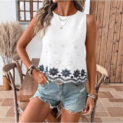 Elegant Embroidered Sleeveless Top With Fan-Shaped Lace