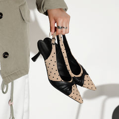 Women's Polka Dot Slingback Heels, Pointed Toe Genuine Lambskin Slingback Pumps