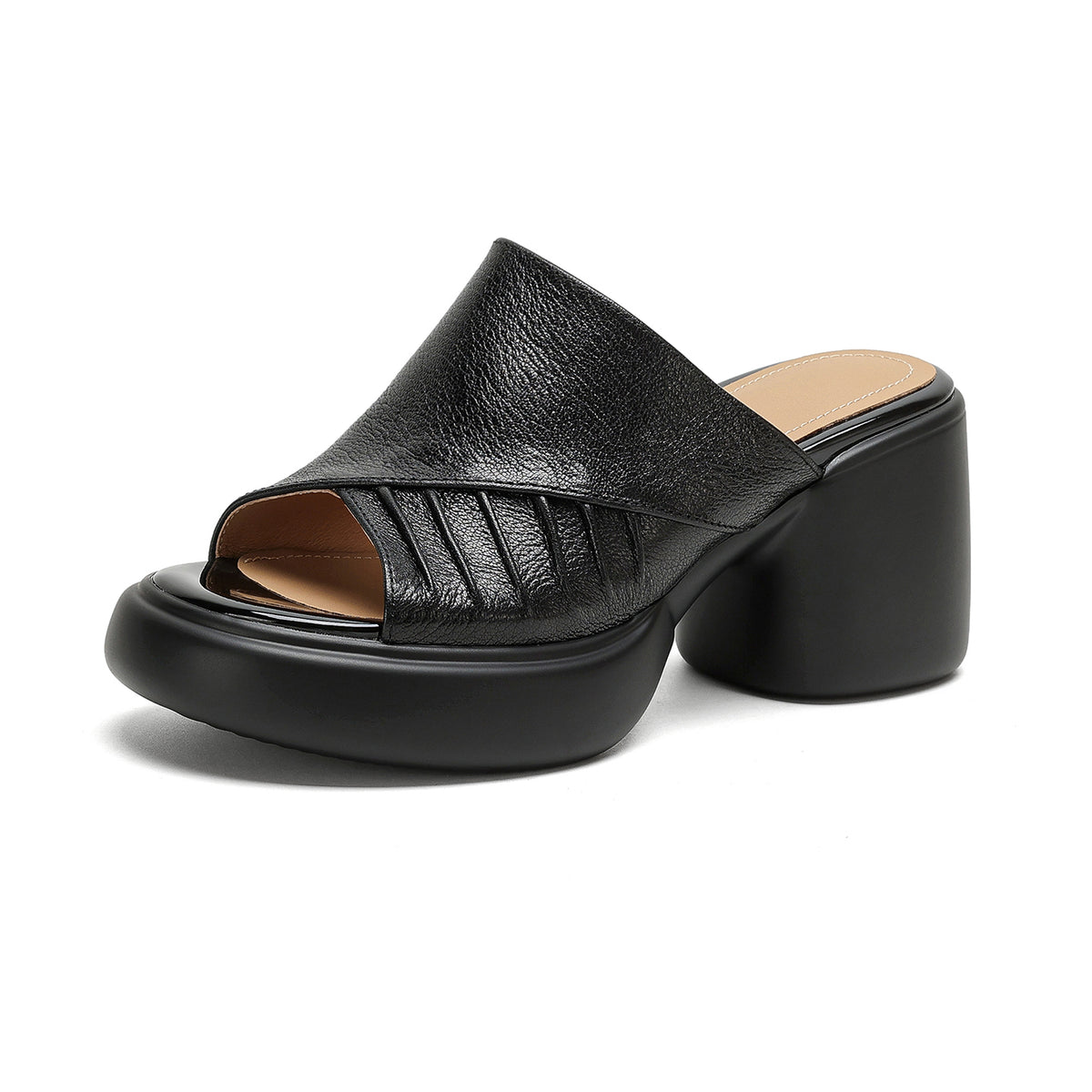 Soft Genuine Lambskin Ruched Block Heel Slides, Ladies Open-Toe Leather Mules
