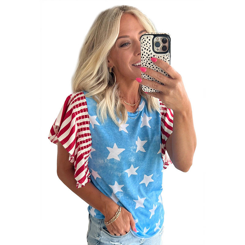 Summer Pullover Top With A Round Neck And Ruffled Sleeves