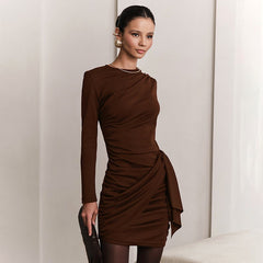 Side-pleated Ribbon-detail Figure-hugging High-waist Semi-formal Mini Dress