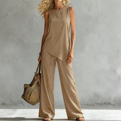 Womens Suit Asymmetric Hem Sleeveless Top And Trousers