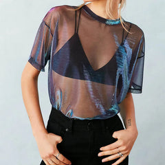 Sexy Mesh Blouse 2025 Summer See-Through Women Shirts Short Sleeve Perspective Shine Casual Women Tops Lady Vintage Blusas