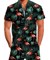 Summer short-sleeve jumpsuit Hawaiian Black Flamingo