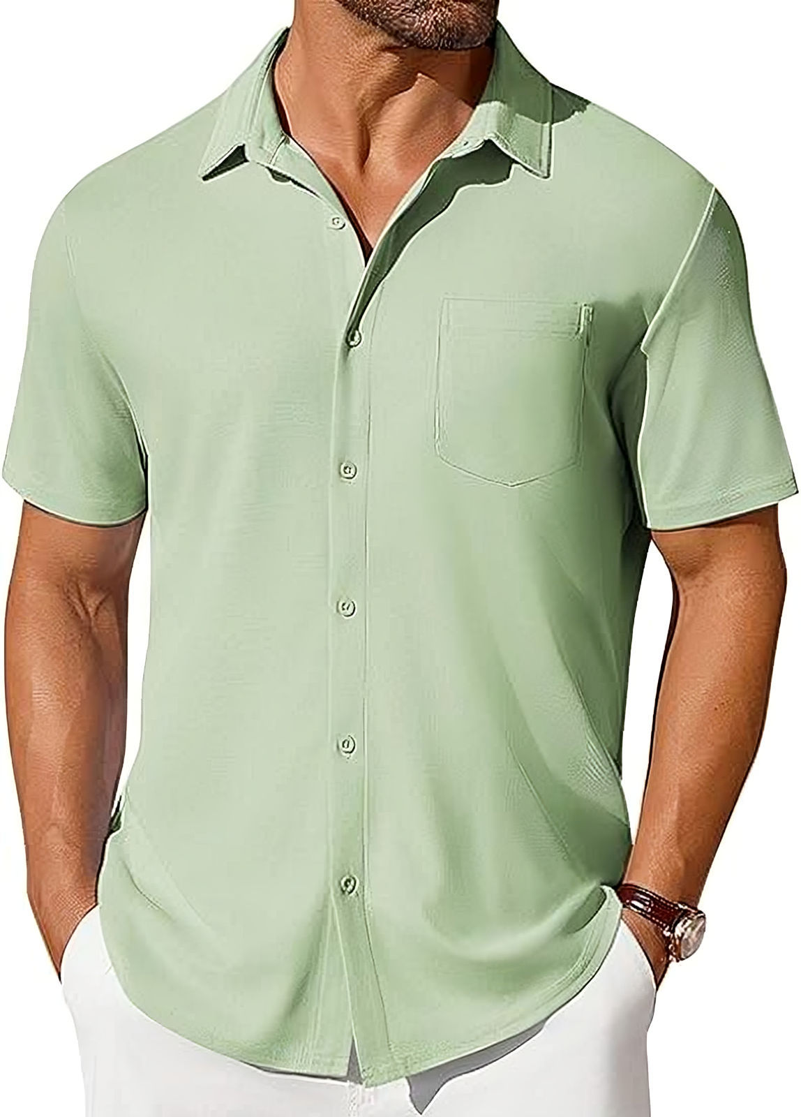 Mens Short-sleeve Button-up Wrinkle- And Crease-resistant Shirt