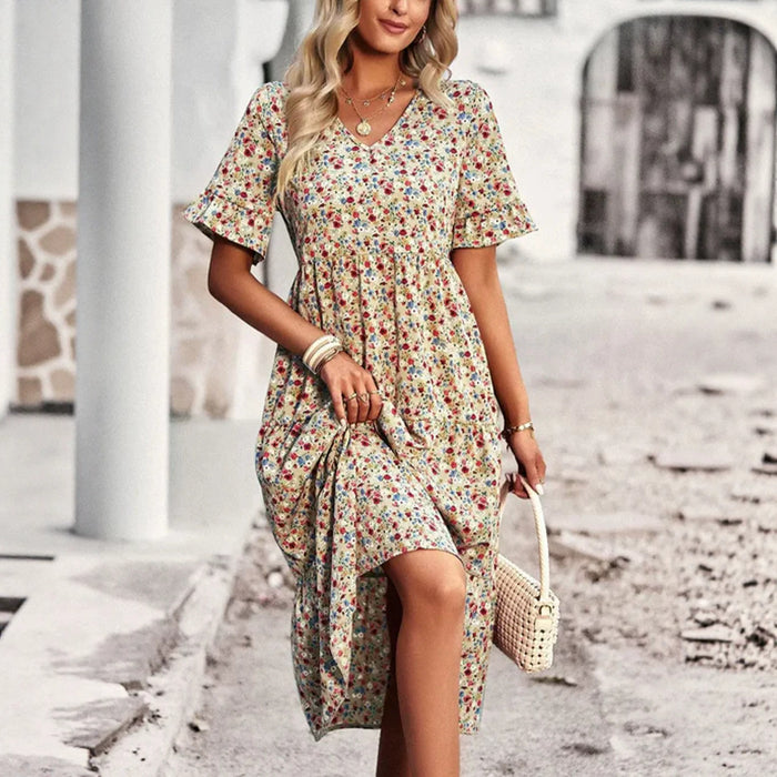 Casual Bohemian V-neck Short-sleeve Flowing Long Beach Dress