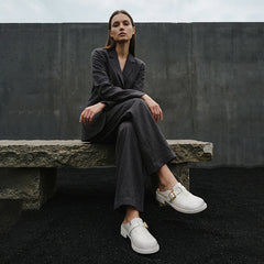 Women's Washed Full Grain Leather Buckle Mules, Retro Low Block Heel Backless Shoes