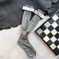 Women's Socks, Spring & Summer Gray Vertical Stripes Slimming Calf Socks, Bow Decor Versatile Runway Style Long Slouch Socks