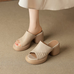 Soft Genuine Lambskin Ruched Block Heel Slides, Ladies Open-Toe Leather Mules