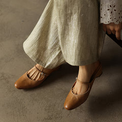 Women's Washed Full Grain Leather Mary Jane Mules, Low Heel Square Toe Slide Sandals
