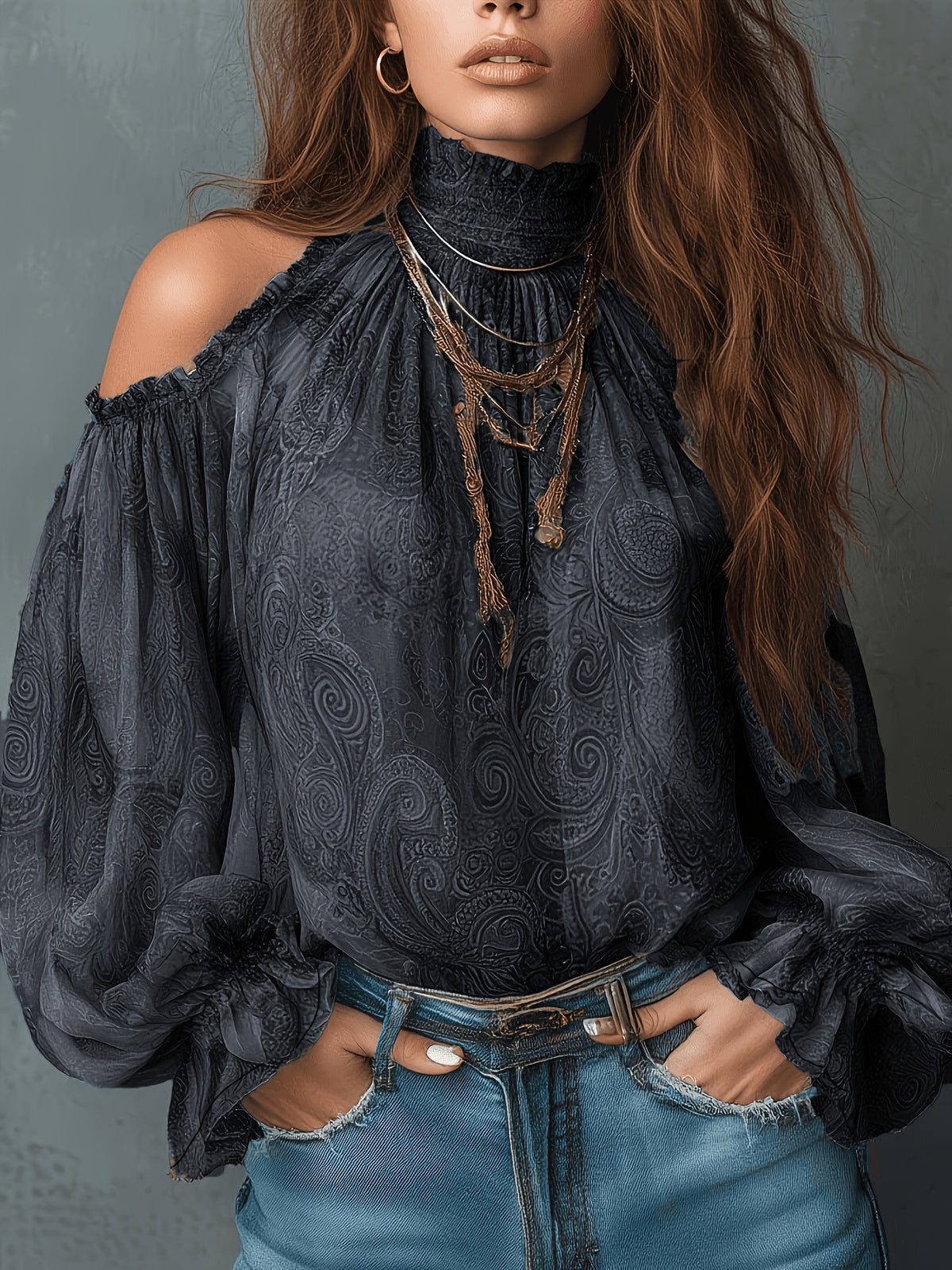 Retro Cashew-print High-neck Off-shoulder Chiffon Blouse